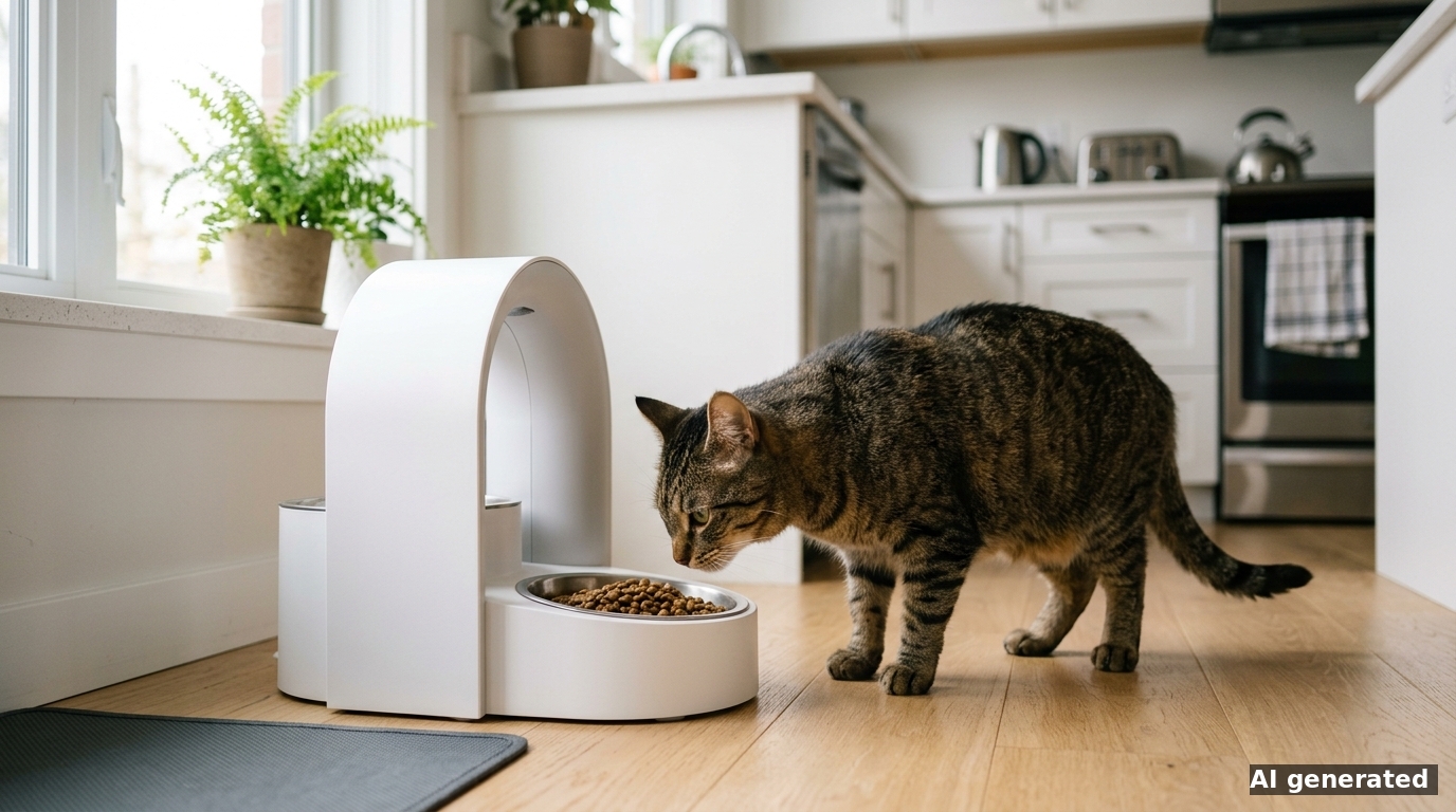 Eine getigerte Hauskatze nähert sich neugierig einem modernen weißen Futterautomaten mit Sensorbogen