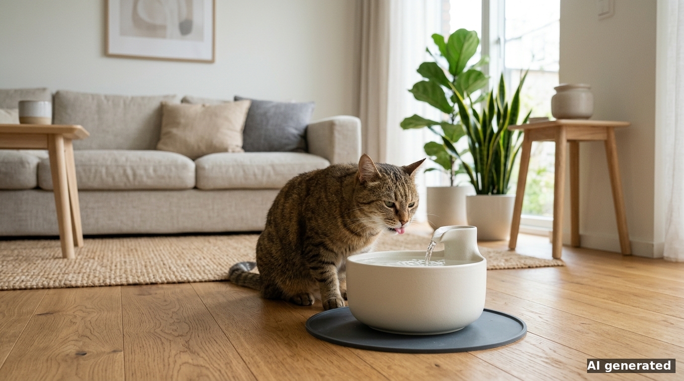 Eine getigerte Hauskatze trinkt friedlich an einem flüsterleisen Keramik-Katzenbrunnen im modernen Wohnzimmer
