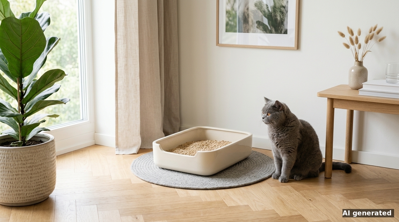 Eine graue Britisch-Kurzhaar-Katze sitzt entspannt neben einem sauberen, modernen Katzenklo im hellen Wohnzimmer