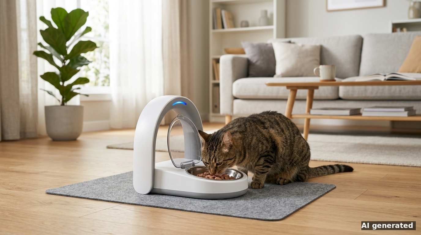 Eine getigerte Hauskatze frisst entspannt aus einem SureFeed Mikrochip-Futterautomaten mit geöffneter Klappe